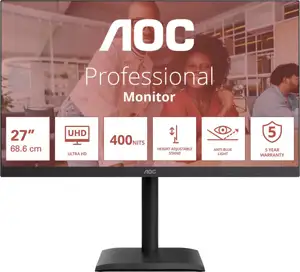 AOC U27E4CV - 27 Zoll Ultra HD, Lautsprecher, (3840x2160, 60 Hz, 2x HDMI 2.0, DisplayPort 1.4, USB-C (90W PD), RJ45, USB Hub) schwarz