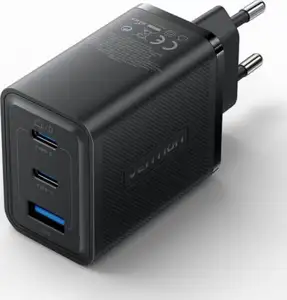 Vention 3-Port USB (C C A) GaN Charger (65W 65W 30W) EU-Plug, Black