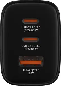 Verbatim GaN Essentials zidni punjač 65W, 2× USB-C i 1× USB-A, crni