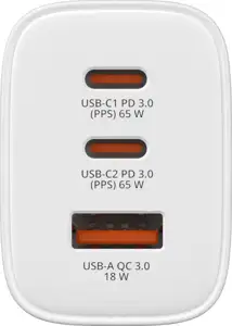 Verbatim GaN Essentials zidni punjač 65W, 2× USB-C i 1× USB-A, bijeli