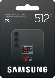 Micro SDXC card Samsung T9, 512GB, U3, V30, A2, UHS-I, 200 MB/s