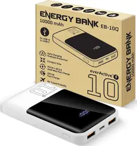 Powerbank 10 000mAh, 2x USB, 1x USB-C 22,5W, QC4+, LCD screen, white